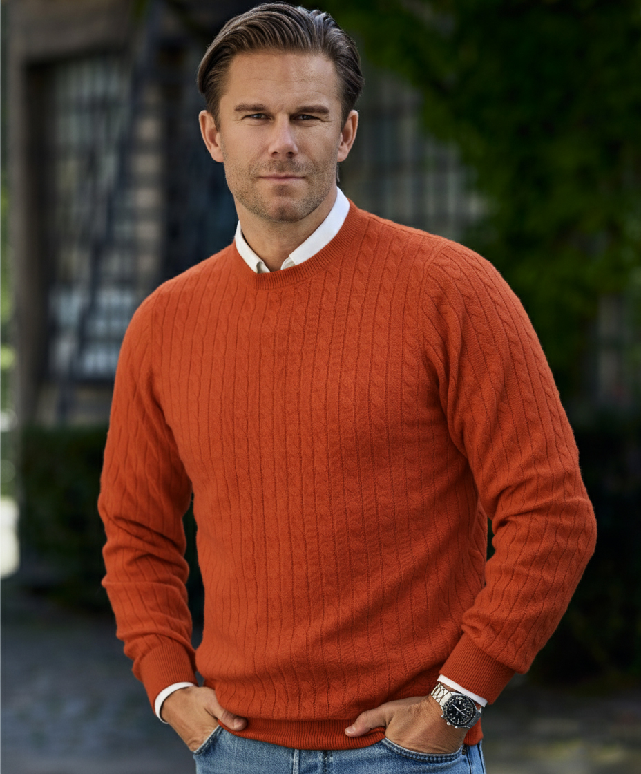 Men Crew Neck Cable Orange