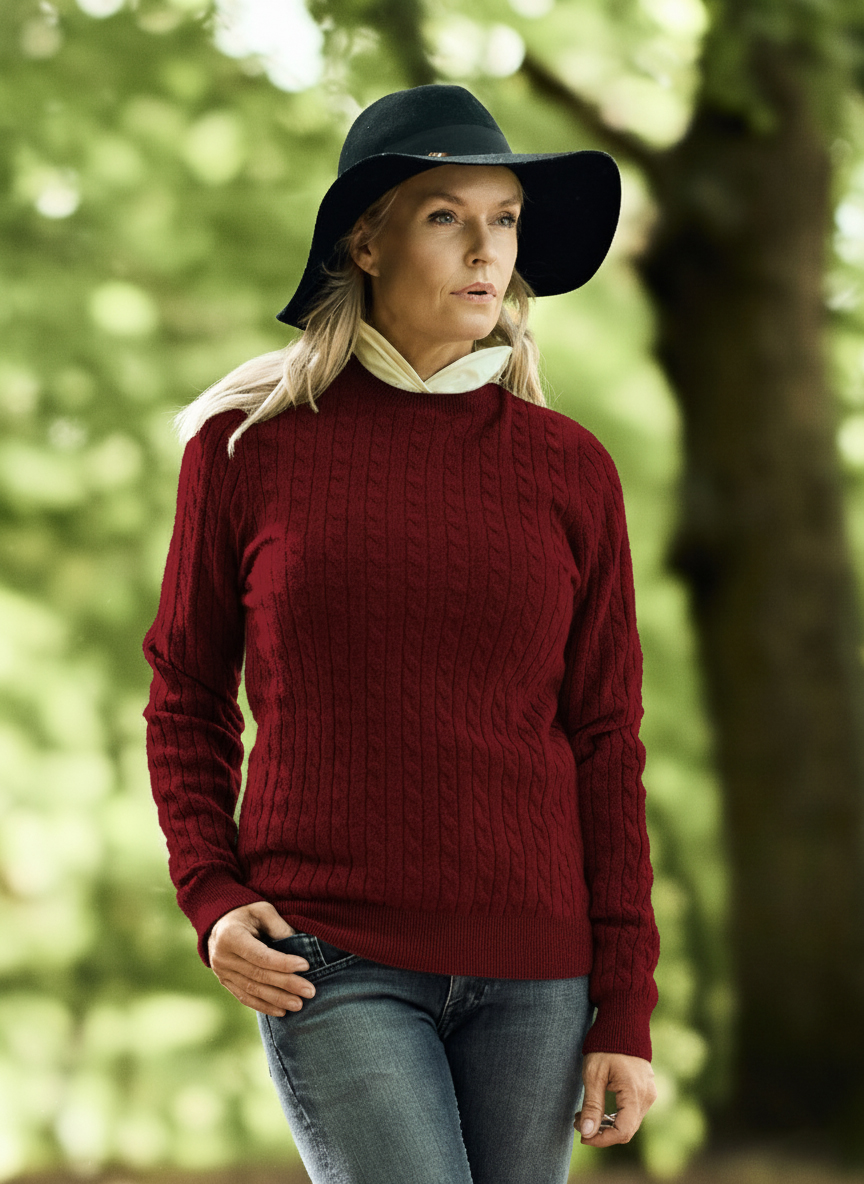 Women Crew Neck Cable Brown